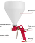 Professional Air Texture Spray Gun With 1.5 Gallon Hopper And Three Easy Swap Nozzles detail showing red alloy body, adjustable nozzle.