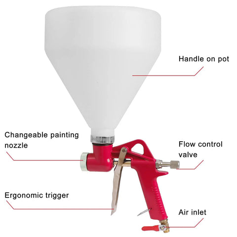 Professional Air Texture Spray Gun With 1.5 Gallon Hopper And Three Easy Swap Nozzles detail showing red alloy body, adjustable nozzle.