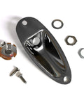 Premium Quality Boat Style Mono Guitar Input Jack Socket Plate Quarter Inch With Screws For Fender Stratocaster Strat Replacement Electric Guitar Parts Rock Solid Black Mount, showing black jack plate and hardware.