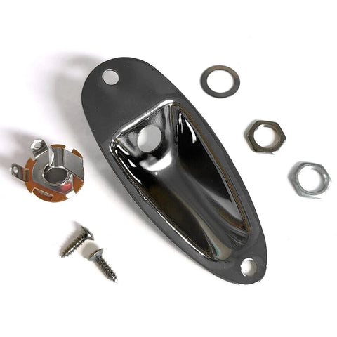 Premium Quality Boat Style Mono Guitar Input Jack Socket Plate Quarter Inch With Screws For Fender Stratocaster Strat Replacement Electric Guitar Parts Rock Solid Black Mount, showing black jack plate and hardware.