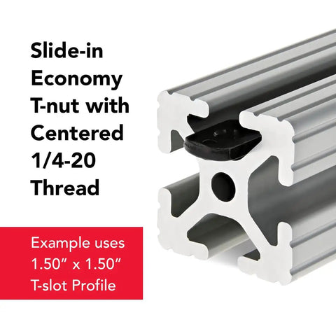 Steel 1/4-20 Centered Slide In T Nuts For 1.5 Inch Aluminum Extrusions 15 Series shown in T-slot profile