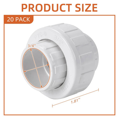 Twenty Pack Three Quarter Inch PVC Union Fittings Socket To Socket Slip Union Connector For Schedule 40 PVC Pipe With EPDM O Ring Adapter Plug And Play Easy Two Pipe Connection product size 3/4 inch