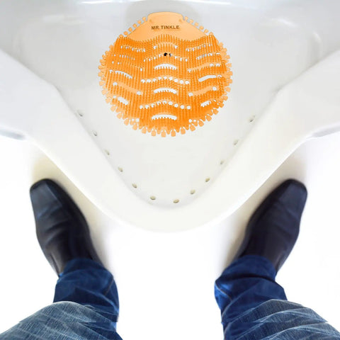 Urinal Screens Deodorizer Set Of 10 With Orange And Lavender Fresh Scents For High Traffic Bathrooms In Offices Malls And Restaurants Odor Control And Debris Blocking Commercial Air Freshener shown in a white urinal