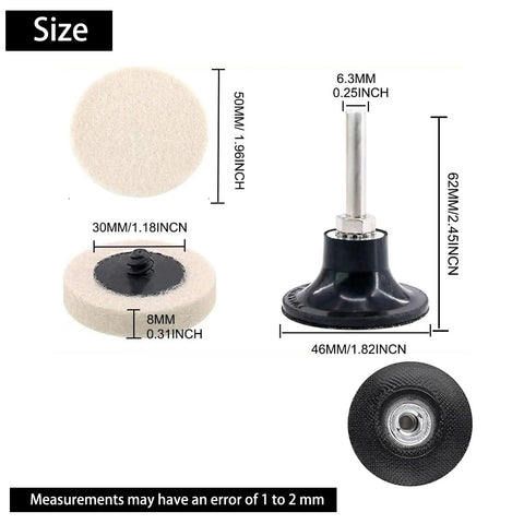 Size diagram of 30 Pieces Two Inch Pro Grade Compressed Wool Disc Polishing Buffing Pads And Wheels Kit With Disc Pad Holder And Quarter Inch Shank
