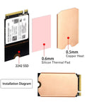 Pure Copper M.2 2242 SSD Heatsink Cooling Kit For NVMe Drive With 0.5mm Slim Design Includes Silicone Thermal Pads and installation diagram.