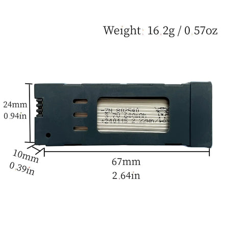 Side view of 3.7V 600mAh Drone Battery With USB Charging Cable For E58 S168 JY019 JD-19, dimensions 67x24x10mm