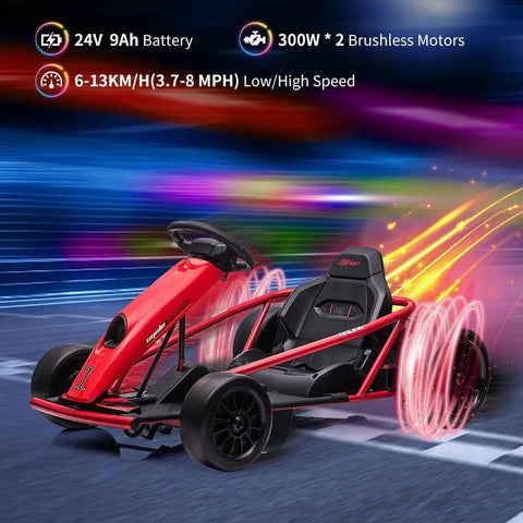 Red 12V Kid Friendly Go-Kart With Dual 300W Brushless Motors, drift-ready, battery powered, rear nylon tires, on racing track.