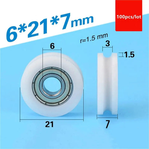 Get These Super Cool 100pcs U Groove Plastic Coated Bearings With Roller Wheels For Smooth Door And Window Slides That Are Rust Proof Self Lube And A Total Game Changer For Easy Home Fix Up Jobs No Grease Needed Ever, measuring 6x21x7mm.