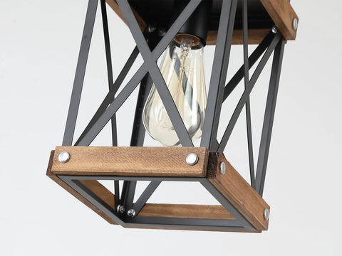 Awesome Oak Wood And Matte Black Farmhouse Pendant Light With 59 Inch Adjustable Chain And Killer Style Easy Hang Single Cage Fixture To Spice Up Your Kitchen Island Or Bar Corner close-up view of oak wood and metal framework.