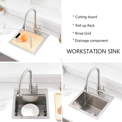 Drop-In Bar Sink Workstation With Deep 10 Inch Single Bowl, 16 Gauge Stainless Steel, Handmade Kitchen Sink, Includes Cutting Board And Strainer, Built-In Accessory Rails, Perfect Setup For Meal Prep, Quick Wash, And Drying Dishes