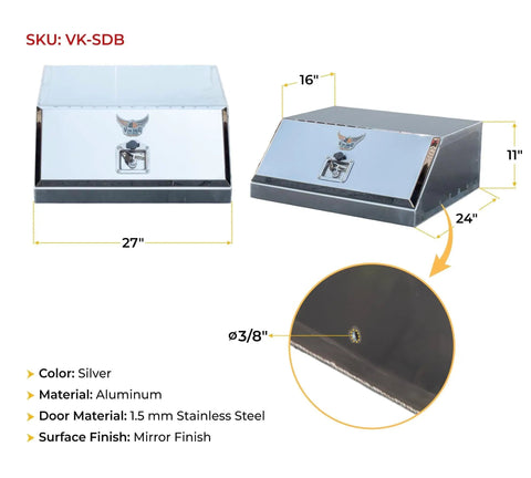 Built To Spec Aluminum Headache Rack And Logger Toolbox Kit For Big Rigs Featuring Dimpled Mirror Finish Flatbed Cargo Setup, Chain Hangers And Secure Handle Locks. Silver aluminum toolbox with stainless steel door, 27x24 inch size.