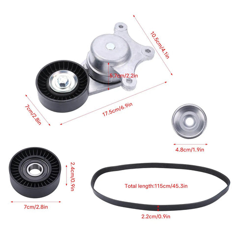 Premium Serpentine Belt Tensioner And Idler Pulley Kit Direct Fit For Ford Explorer Edge Taurus Fusion Flex 3.5L V6 2007 To 2019 Keep Your Ride Squeal Free With Quick Swap And Top Shelf Build Grade Replacement Part 04593633AA Skip Dealer Fees Today. with belt and pulleys