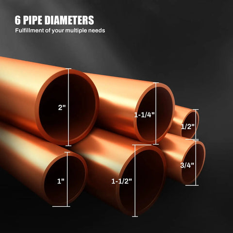 6 pipe diameters displayed, including sizes from 1/2" to 2", for use with 12 Ton Manual Hydraulic Copper Pipe Bender.