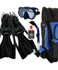 Frameless Snorkeling Mask And Open Heel Fins Drag Reducing Jet Vented Design With 100 Percent Dry Snorkel And Soft Skirt Includes Durable Gear Bag In Blue For MLXL Sizes And Ocean Pool Scuba Adventures