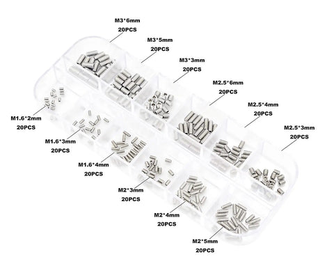 Metric Stainless Steel Internal Hex Drive Cup Point Set Screws Kit With M1.6 M2 M2.5 M3 Sizes 304 Grade Fasteners Assorted Thread Pitches 0.35 0.4 0.45 0.5mm For Precision Projects And Heavy Duty Builds in transparent plastic box compartments.