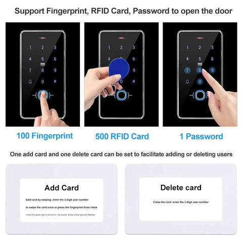 All In One Access Control System Kit With Fingerprint, RFID Card, And Password Keypad in use showing user interface