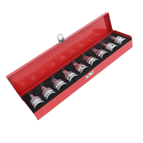 Pro Grade Three Quarter Inch Drive Impact Hex Driver Set Featuring Nine Piece Chrome Steel Construction in a red case with etched size markings.