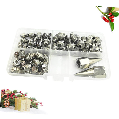 Grease Fitting Kit With All In One Grease Gun Nozzles For Lubricating Bearings And Machinery Assorted Fittings In Various Sizes Angled And Screw Nozzles Durable Construction Storage Case Included Great For Home Shop And Industrial Use