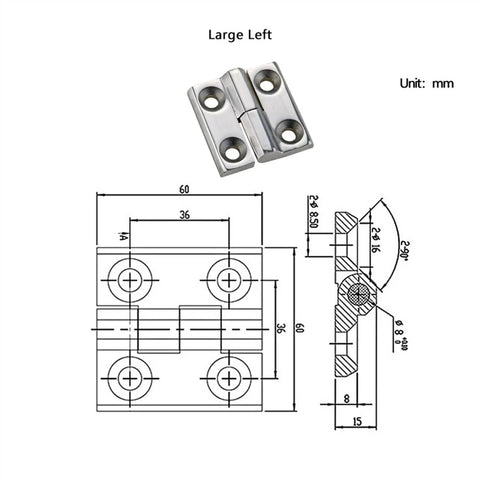 heavy duty stainless steel industrial hinge with dimensions and design view