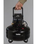 Portable 3 Gallon Air Compressor 0.3 HP 110 PSI Max Pressure Oil Free Pump held with a fold down handle.
