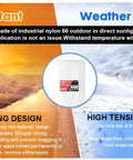 Product features infographic showing UV and weather resistance details of White Clear Zip Ties 14 Inch 100 Pack 60 Lb Beefy Heavy Duty.