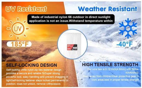 Product features infographic showing UV and weather resistance details of White Clear Zip Ties 14 Inch 100 Pack 60 Lb Beefy Heavy Duty.