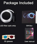 Package includes LED Fiber Optic Whip With 10 Color Modes And 360 Degree Swivel Ultimate Rave Party Light Show Prop, gift box, 3D glasses, and manual