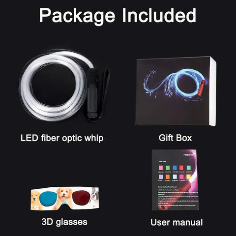 Package includes LED Fiber Optic Whip With 10 Color Modes And 360 Degree Swivel Ultimate Rave Party Light Show Prop, gift box, 3D glasses, and manual