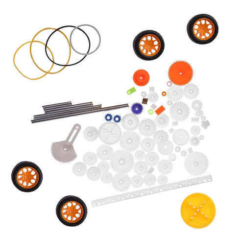 78 Piece Do It Yourself Gear And Belt Kit with plastic gears, wheels, pulleys, and shafts for robotics projects and makers.