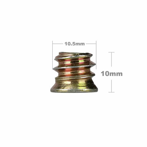 Side view of single insert from 40Pcs 1/4-20 X 10mm Wood Threaded Inserts Fastener Kit With Hex Socket Drive And 6mm Hex Spanner For Furniture DIY Repairs Carbon Steel Heavy Duty Woodworking Connectors, showing 10.5mm diameter and 10mm length.