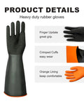 Boss Level Heavy Duty Black Rubber Work Gloves Featuring Advanced Anti Slip Wrinkled Grip Premium Industrial Safety Gear Extra Long Twenty Two Inches Single Pair with orange lining and crimped cuffs.