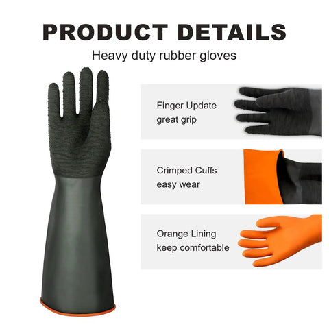 Boss Level Heavy Duty Black Rubber Work Gloves Featuring Advanced Anti Slip Wrinkled Grip Premium Industrial Safety Gear Extra Long Twenty Two Inches Single Pair with orange lining and crimped cuffs.