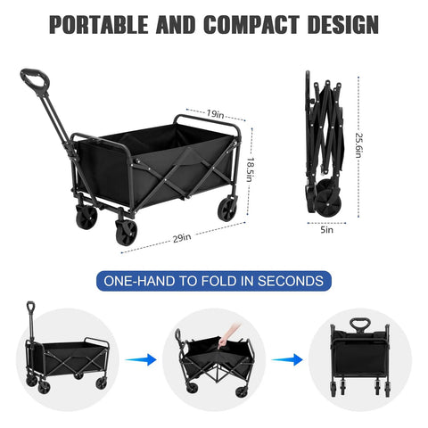 Collapsible Foldable Wagon With Wheels For Beach, Garden, Shopping And Outdoor Use, Heavy Duty Utility Cart, dimensions visible