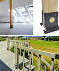 Heavy Duty Adjustable 4x4 Fence Post Anchor Base Brackets Kit For Decks Pergolas Railings Handrails And Mailboxes Floor Flange Mounts 8 Pack Sturdy Metal Construction With Powder Coat Finish Built Tough For Outdoor Use showing installed in a deck area and close-up on wood post support with anchor bracket.