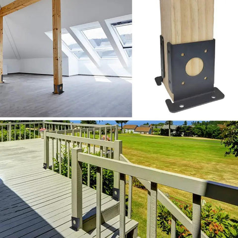 Heavy Duty Adjustable 4x4 Fence Post Anchor Base Brackets Kit For Decks Pergolas Railings Handrails And Mailboxes Floor Flange Mounts 8 Pack Sturdy Metal Construction With Powder Coat Finish Built Tough For Outdoor Use showing installed in a deck area and close-up on wood post support with anchor bracket.