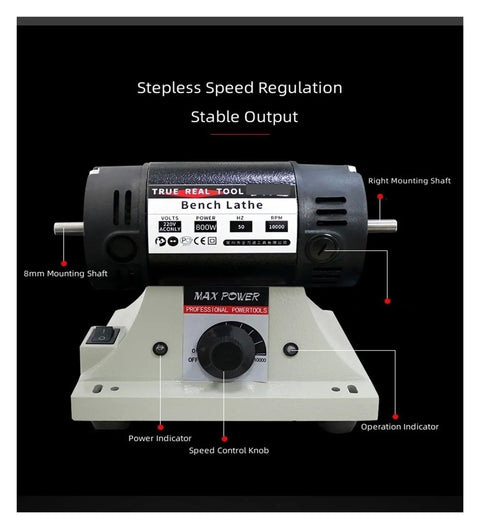 Hardcore 800W Bench Grinder Featuring Stepless Speed Adjustment And Flexible Shaft Grip For Woodturning Jade Engraving And Smooth Polishing Workflows with speed control knob and mounting shafts.