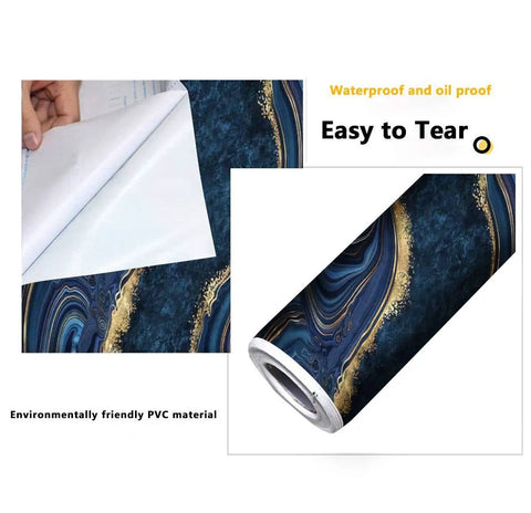 Peel And Stick Blue Marble Wallpaper Rolls 144 Inch Wide By 100 Inch High Self Adhesive Decor For Walls With Golden Veins Mosaic Pattern And A Jaw Dropping Luxe Look; close-up roll and adhesive backing.