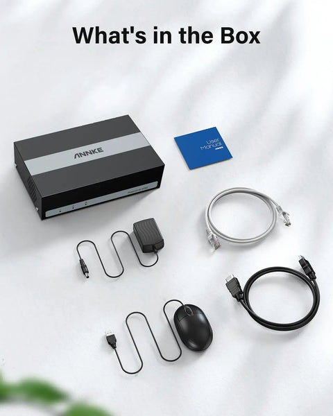 8 Channel 3K Lite Digital Video Recorder with 1TB SSD, power adapter, cables, and user manual on a white background.