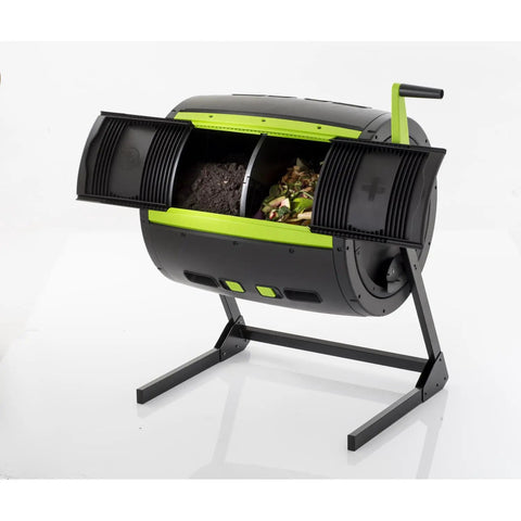 City Sleek Two Stage Compost Tumbler for Fast, Foolproof Outdoor Composting with Aeration Holes, Rust Proof Metal Plastic Build in Black