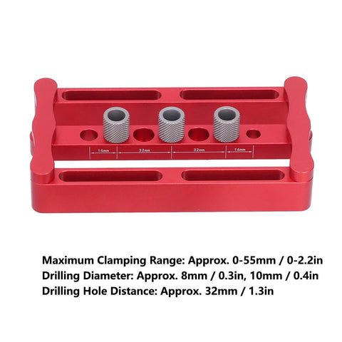 Adjustable Dowel Jig Kit With Precision Drill Bushing, anodized aluminum, shown with three bushings and measurement markings