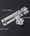 Premium Stainless Steel Sliding Bolt Latch for Outdoor Gates and Barn Doors Heavy Duty Self Closing Slide Bolt Door Catch With Smooth Action Silver Finish 4 Inch Locking Mechanism dimensions shown on black background