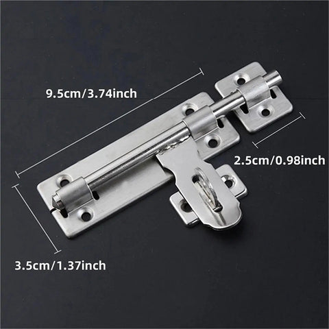 Premium Stainless Steel Sliding Bolt Latch for Outdoor Gates and Barn Doors Heavy Duty Self Closing Slide Bolt Door Catch With Smooth Action Silver Finish 4 Inch Locking Mechanism dimensions shown on black background