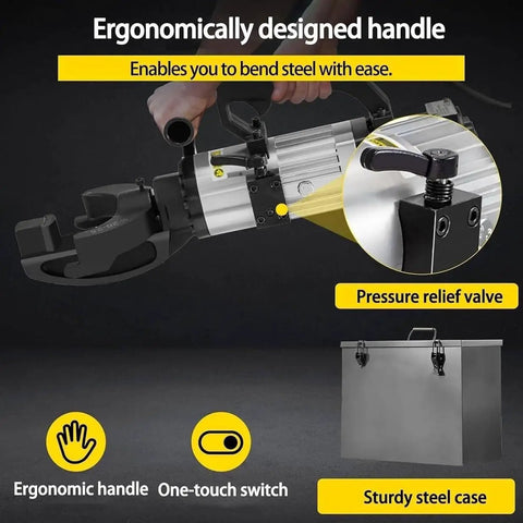 Heavy Duty 1500W Electric Rebar Bender Handheld Steel Rod Bending Machine with ergonomic handle and pressure relief valve.