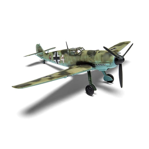 Messerschmitt Bf109E3 E4 Plastic Model Kit Set for historic warbirds hobbyists shown assembled with detailed camouflage design