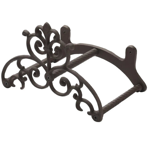 Brown Heavy Duty Cast Iron Outdoor Garden Hose Hanger With Wall Mount Water Hose Holder Reel Vintage Scrollwork Design No Fuss Sturdy And Built To Last For Fifty To One Hundred Feet Of Hose, front view.