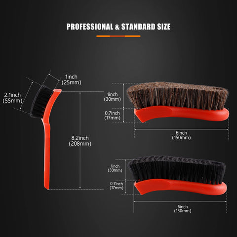 Dimensions of Three Piece Car Detailing Brush Kit With Microfiber Interior Brush And Tire Cleaning Brush in red, black bristles