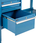 Close-up of heavy duty 72 by 36 inch workbench drawer with a blue steel finish, showcasing smooth sliding functionality.