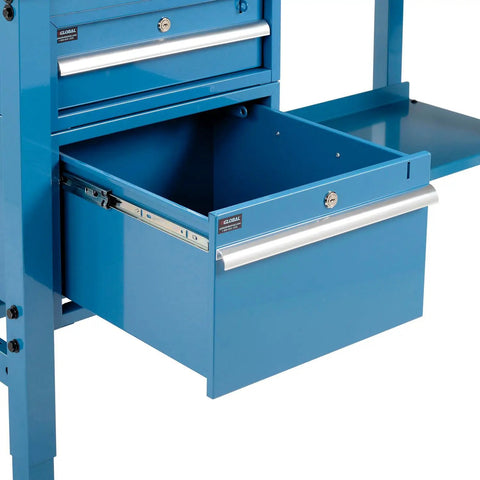 Close-up of heavy duty 72 by 36 inch workbench drawer with a blue steel finish, showcasing smooth sliding functionality.