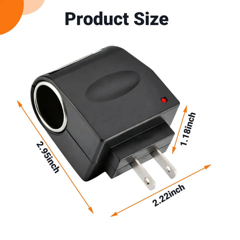 Plug And Play AC DC Car Cigarette Lighter Adapter Converter, Smooth 12V Vehicle Power Plug with dimensions shown.