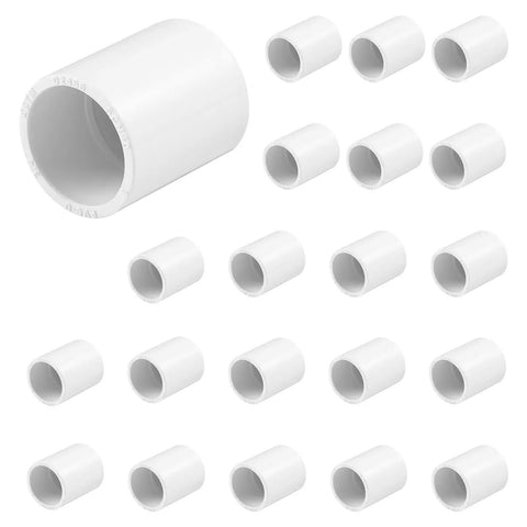 20 Pack 3/4 Inch PVC Coupling Fittings Socket To Socket Schedule 40 For Plumbing And Irrigation arranged in neat rows